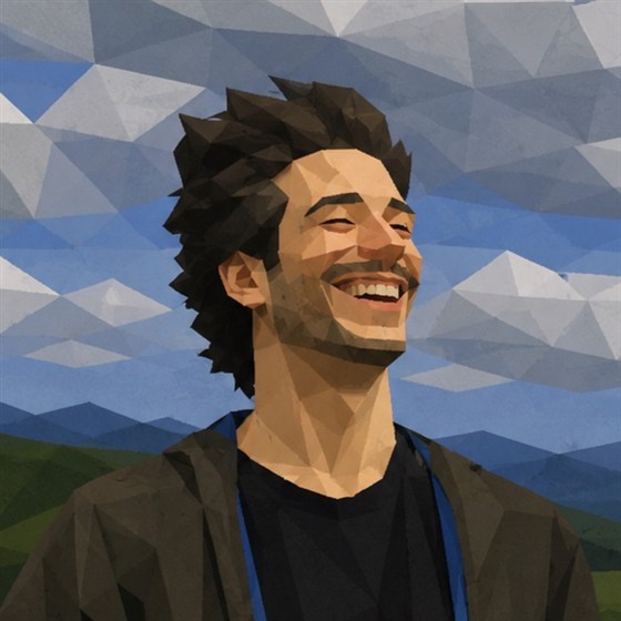 A low-poly illustrated portrait of Alireza laughing, standing outdoors with hills and clouds behind him.